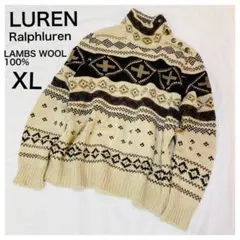 ローレンLURENウールニットXLセーター茶色レディースralphラルフ総柄90