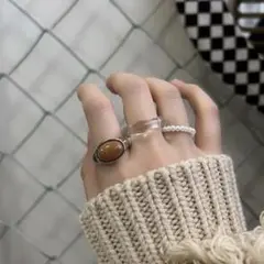 r15残り1点☁️天然石風 リング 指輪 セット クリア パールビーズ ニュアンス