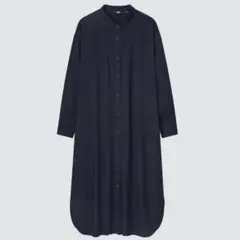 UNIQLO／コットンギャザーロングシャツワンピース／ネイビー／M