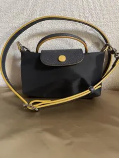 【美品】ロンシャン　ショルダーバッグ 濃グレー＋黄色　ナイロン レザー
