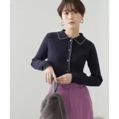N.natural beauty basic 刺繍襟付カーディガン　ネイビー