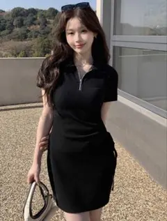 DAZY ハーフジッパー フロントドローストリング付きドレス ソリッドカラー