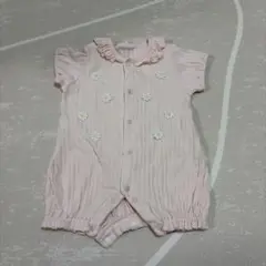 ピンク 花刺繍 フリル襟ロンパース 70