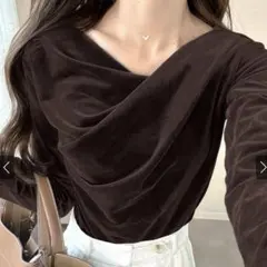 ダークブラウン ドレープデザイン ベロアドレープトップス[dk1551]