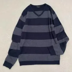 ジップファイブ◇ワイドボーダーニット Vネック セーター トラッド ゆったり M