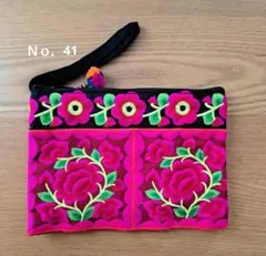 ポーチ 刺繍 タイ 民族 ピンク 赤
