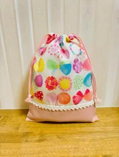 【6A】ハンドメイド 給食袋 巾着 くすみピンク リボン 女の子1