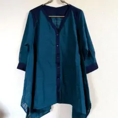 石見銀山　郡言堂　リネン100%シアーシャツチュニック　グリーン　F　貝ボタン 石見銀山 郡言堂 リネン100%シアーシャツチュニック グリーン F 貝