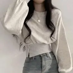 SHEIN 絞りウエスト ボタンデザイン ランタンスリーブ スウェットシャツ