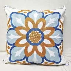 花柄刺繍クッションカバー 青オレンジ