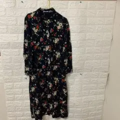 GLOBAL WORK 花柄シャツワンピース 長袖 ネイビー