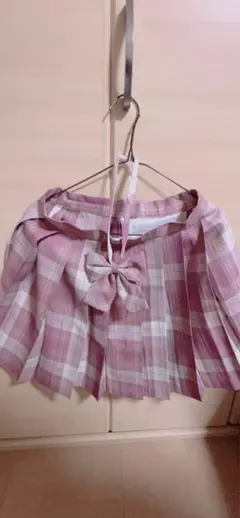 ピンク チェック柄 ミニプリーツスカート リボンセット