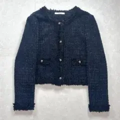 【美品】ANAYI ラメ ミックスツイード ノーカラージャケット 銀ボタン 紺
