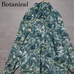 総柄 長袖シャツ ボタニカル レトロ アート グリーン ブルー系 2L