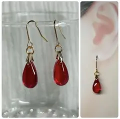 深いルビーレッドドロップ一粒ゴールドフックピアス