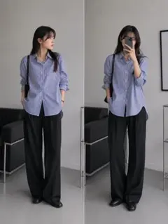 UNIQLO ストライプシャツ M 青白 韓国風 オーバーサイズ 男女兼用 美品