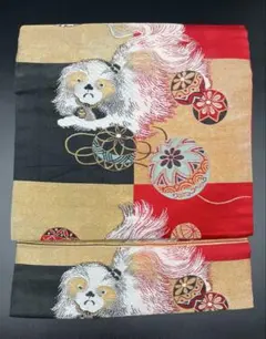 名古屋帯 洒落帯　高級　♢ 正絹　アンティーク　大正ロマン　子犬　R394