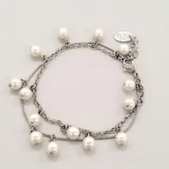 J＆R パール付き シルバー ダブルチェーンブレスレット