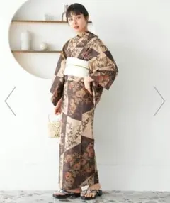 utataneブランド浴衣◆和歌山染め日本生地◆モダン珈琲色変わり市松小菊浴衣◆ utataneブランド浴衣＆帯セット◇和歌山染め日本生地ゆかた◇モダン