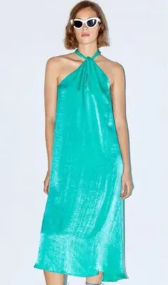 ZARA サテンホルダードレス　ターコイズ　ロングワンピース　マキシワンピース