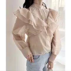 one after another肌見せカッティングシアーフリルブラウス ピンク