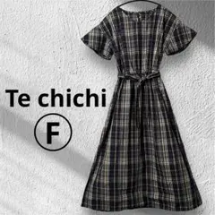 テチチ　チェック柄 半袖ロングワンピース ネイビー　F ウエストゴム　リボン　綿