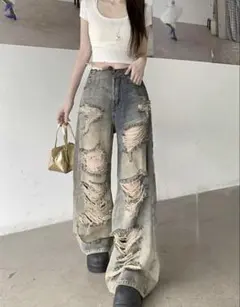 レディースストリートスタイルダメージジーンズ　Lサイズ