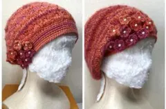 ② 赤系　ウール100% ニット 帽子 花付き