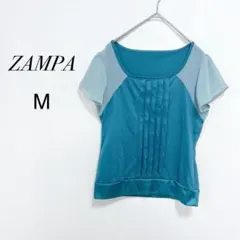 【ザンパ】異素材切替 カットソー ターコイズ タック入り 袖シフォンのサムネイル