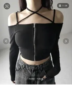 me+em selectフロントジップクロスストラッ プオフショルトップスのサムネイル