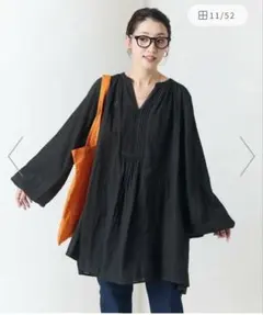 インドレースピンタックロングスリーブワンピース　ブラックのサムネイル