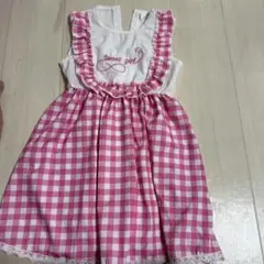 美品エプロン風チェック柄ワンピースかわいいピンク7Y 116から122cm