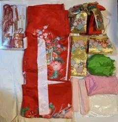 七五三 7歳 女の子 着物 フルセット 正絹 作り帯 はこせこ 赤系