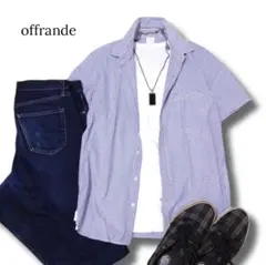 シャツ　半袖　ブルー　青　白　ストライプ　Mサイズ　offrande