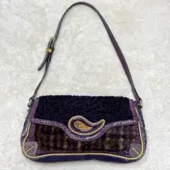希少☆ ETRO ワンショルダー　ハンドバッグ　ペイズリー柄　レザー　ファー　紫