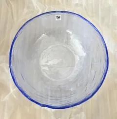 【未使用品】月夜野工房 透明ガラス ボウル 青縁取り