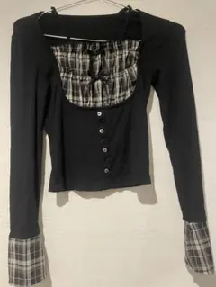 SHEIN 長袖 トップス ブラック チェック柄 重ね着風