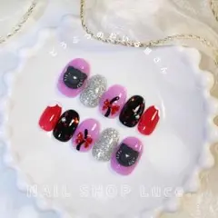 【現品】ネイルチップ 3D 猫 黒猫 リボン ハート 紫 ／ No. A-05