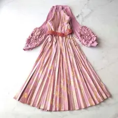 c 総プリーツ ロングワンピース ボリューム フリル袖 マキシ丈 フレア