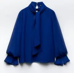 新品 ZARA ボウタイ シアーブラウス ブルー 青