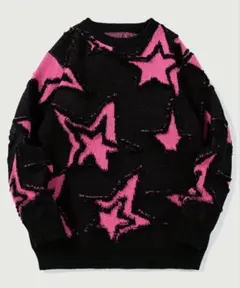 新品　L〜XL　ニットセーター 黒とピンクの星柄