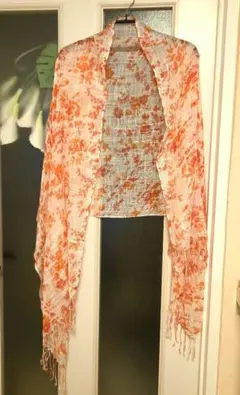 オレンジ花柄フリンジ大判ストール