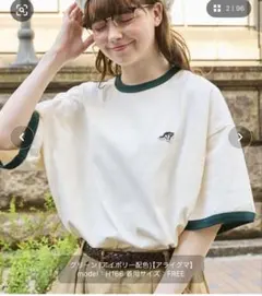 アニマルワンポイント刺繍リンガーTシャツ　アイボリー