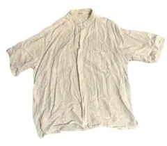 日本製 古着 リネン混 比翼前立て 半袖 バンドカラーシャツ 透け感
