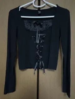 ブラック　フリルリボン　カットソー/ニット　トップス