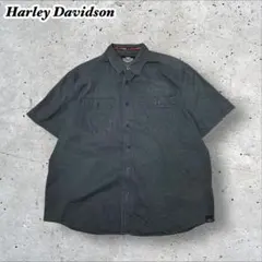 ハーレーダビッドソン半袖ワークシャツ両面刺繍ロゴストライプバイカールードアメカジ
