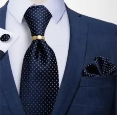 【4点セット】ネクタイ水玉ドット結婚式入学式卒業式就活ネイビーブルー青金ゴールド