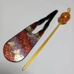 赤と紫の金箔簪(雅)と琥珀色髪飾りセット