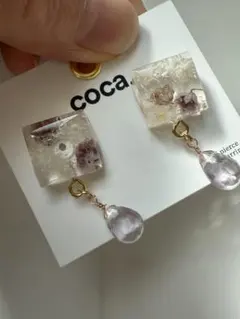 アメジスト　天然石　レジンハンドメイドピアス　樹脂