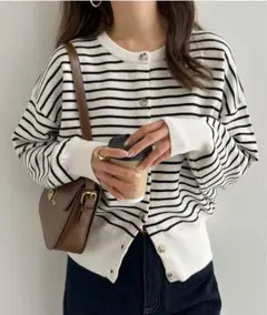 無地 ボーダー クルーネック 長袖 ニット カーディガン レディース トップス
